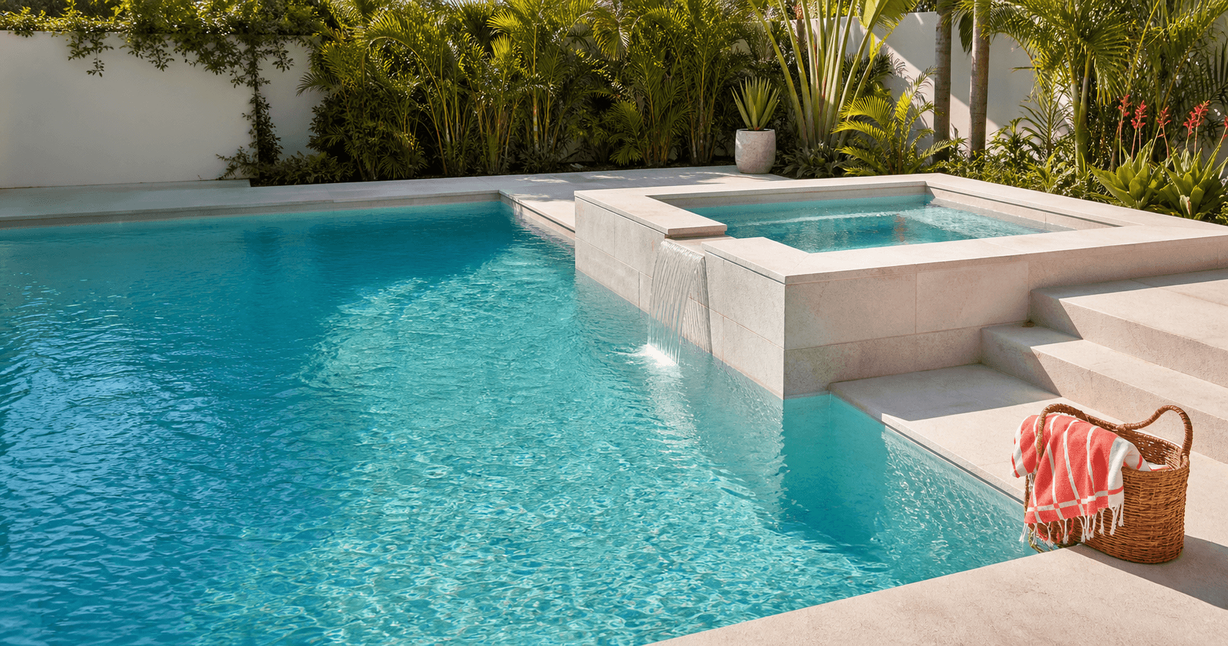 A clear pool and raised spa with unobstructed water visibility